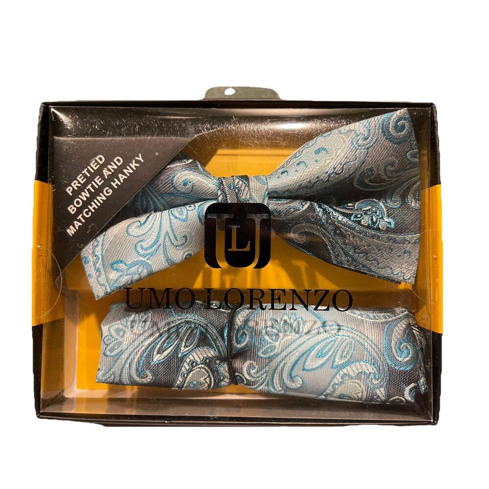 Umo Lorenzo Pre-Tied bowtie and Matching Hanky Set- Teal /Black